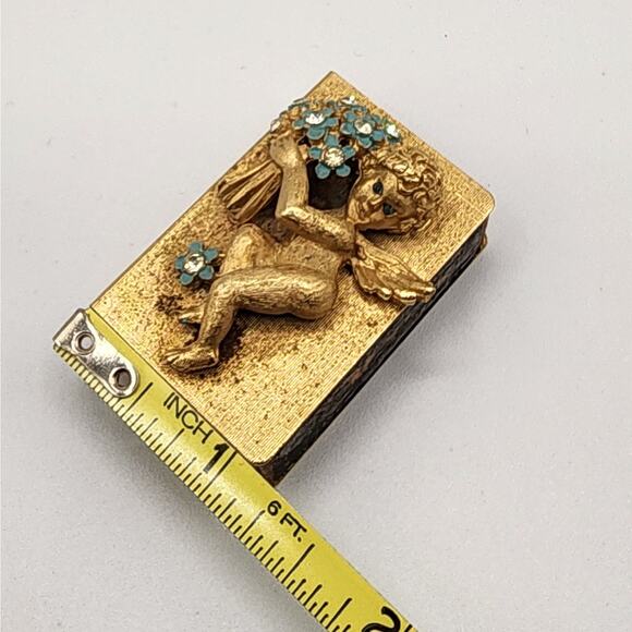 1930s Cherub Matchbox Holder Gold Gilt Blue Enamel Flowers Rhinestone Eyes - Picture 2 of 9